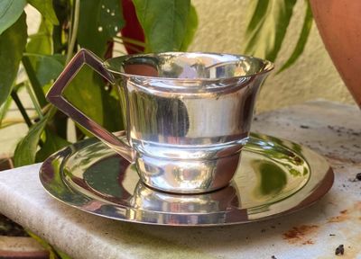 Antieke verzilverde Art Deco koffietas met ondertas- gravure Annick – Jaren ’30