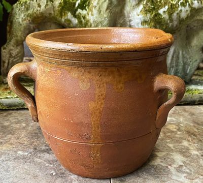 Antieke handgemaakte Franse Confitpot of grespot met 3 oren – ca. eind 19de eeuw