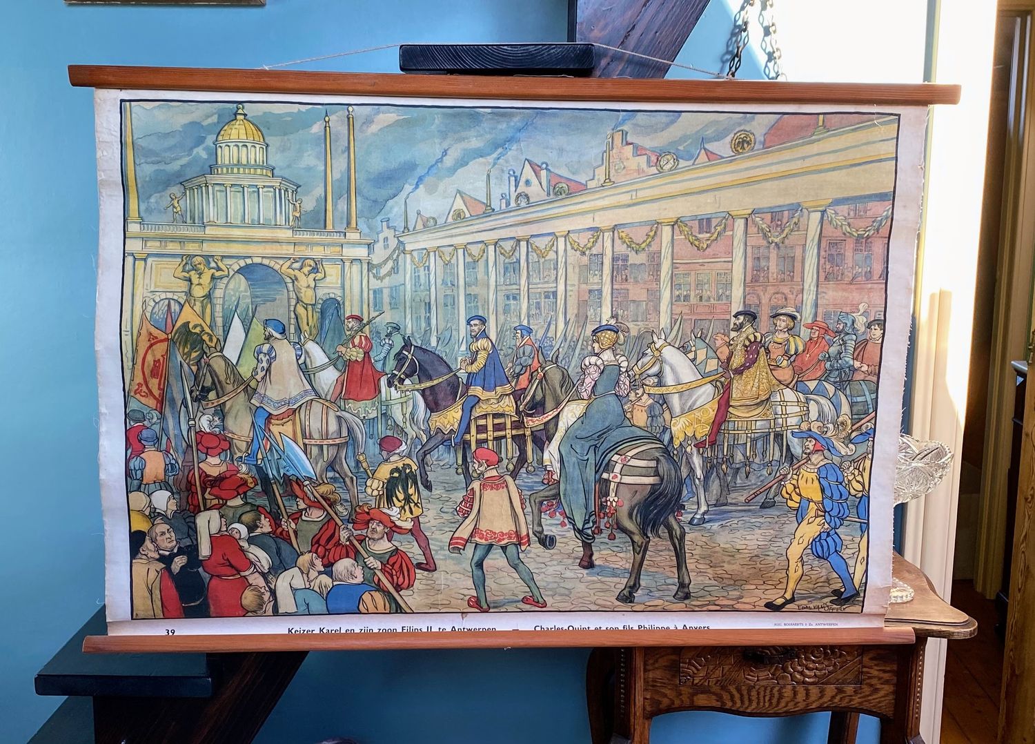 Keizer Karel & Filips II te Antwerpen – Educatieve linnen schoolplaat nr 39 (1925–1931)