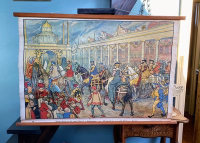 Keizer Karel & Filips II te Antwerpen – Educatieve linnen schoolplaat nr 39 (1925–1931)