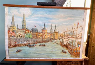 De Schelde vrij: Franse schepen varen de Schelde op in 1792 -Educatieve linnen schoolplaat nr 55 (1925–1931)