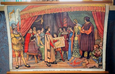 Christoffel Columbus aan het Spaanse hof – Educatieve linnen schoolplaat nr 43 (1925–1931)