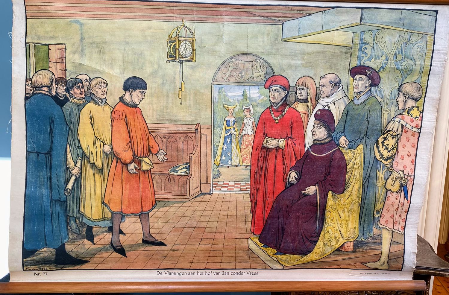 De Vlamingen aan het hof van Jan zonder Vrees – Educatieve linnen schoolplaat nr 37 (1925–1931) De Vlamingen aan het hof van Jan zonder Vrees – Educatieve linnen schoolplaat nr 37 (1925–1931)