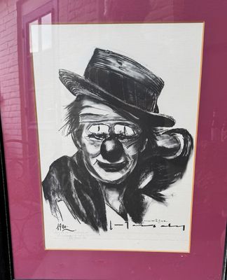 Zwart‑wit penseeltekening van clown – Gesigneerd Mauriske - 1990 Zwart‑wit penseeltekening van clown – Gesigneerd Mauriske - 1990