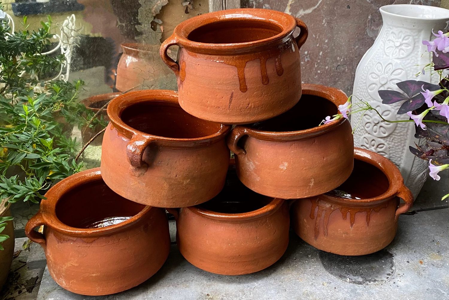 Set van 6 Franse geglazuurde gres terracotta kookpotten – 19e tot begin 20e eeuw