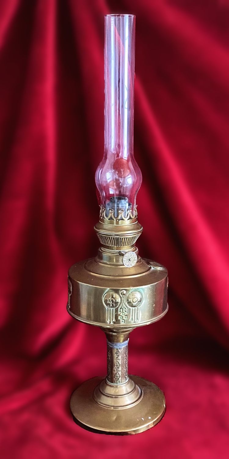 Authentieke geelkoperen Belgische Art Deco olielamp Lempereur en Bernard – eind 19e eeuw