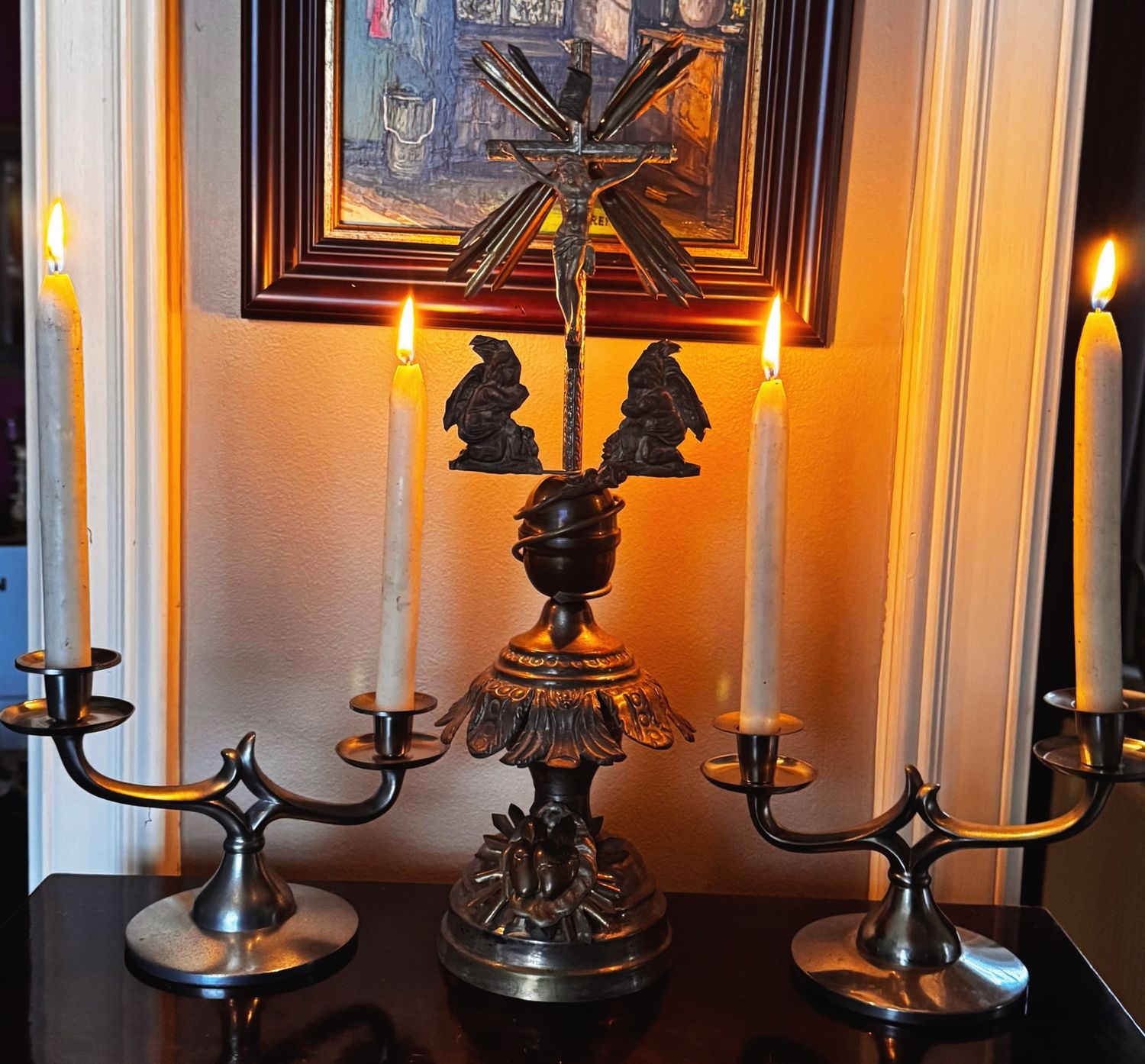 Vintage set van 2 tinnen dubbele armkandelaars – Metawa Holland – ca. 1950