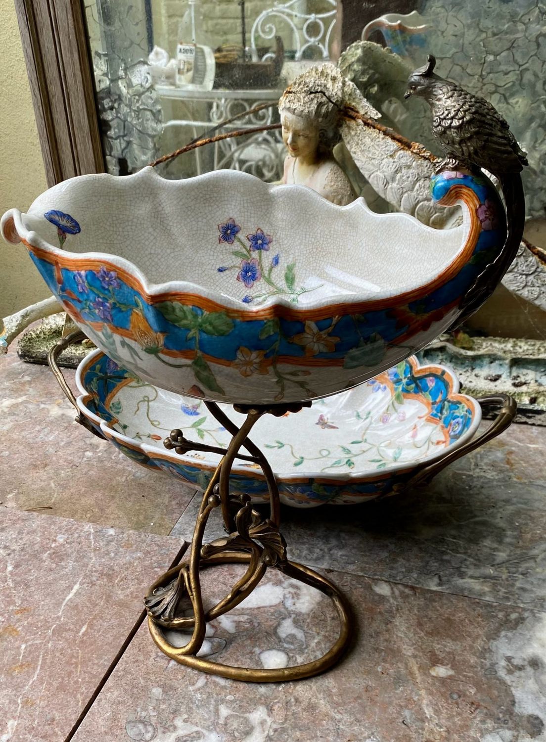 Art Nouveau pronkschaal met verguld brons en mythische vogel – ca. 1950