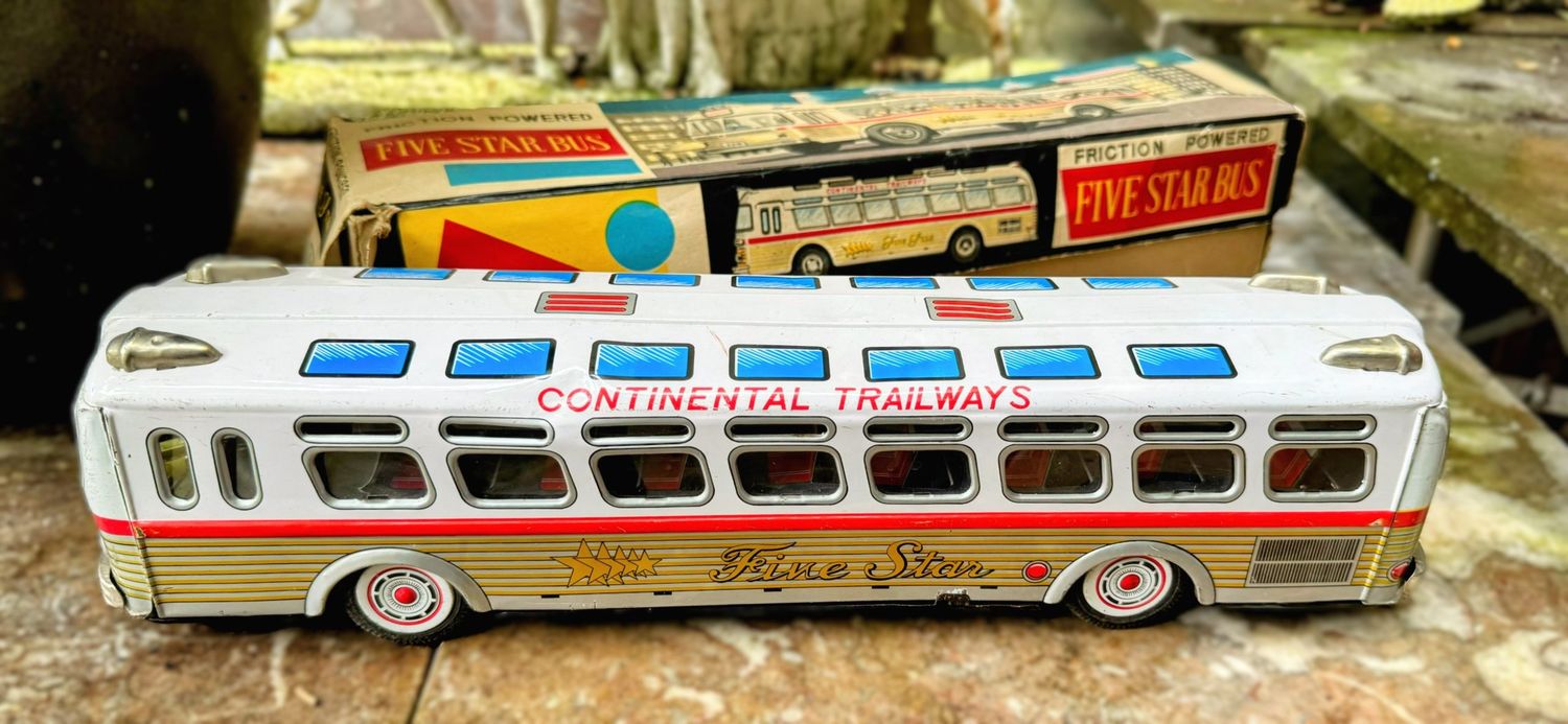 Zeldzame vintage Speelgoedbus "Continental Trailways Five Star" in originele doos  – ATD Japan jaren 1950/60