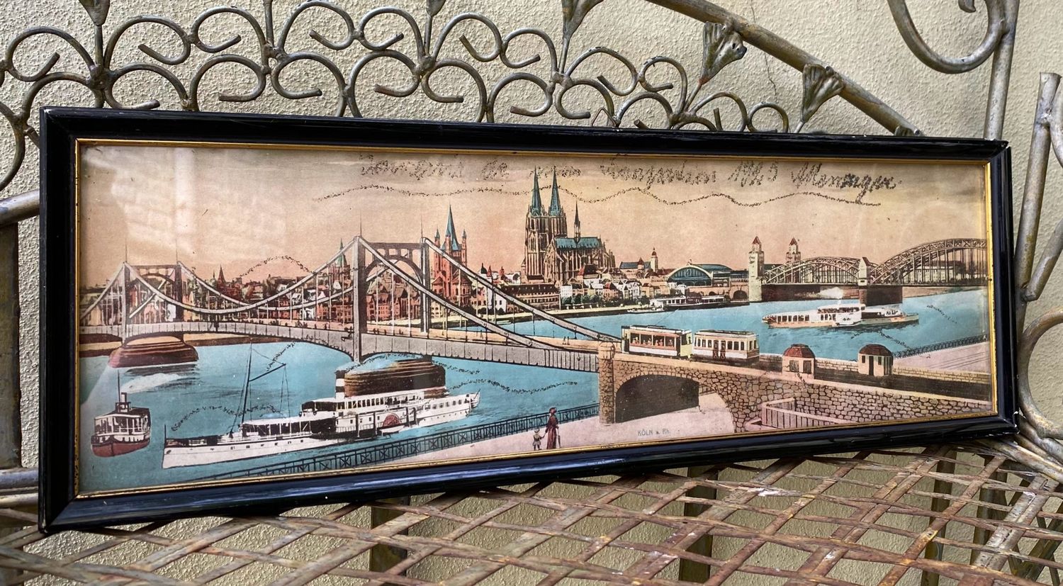 Ingekleurde Rheinpanorama lithografie ca. 1925 – Keulen met stoomschip Goethe