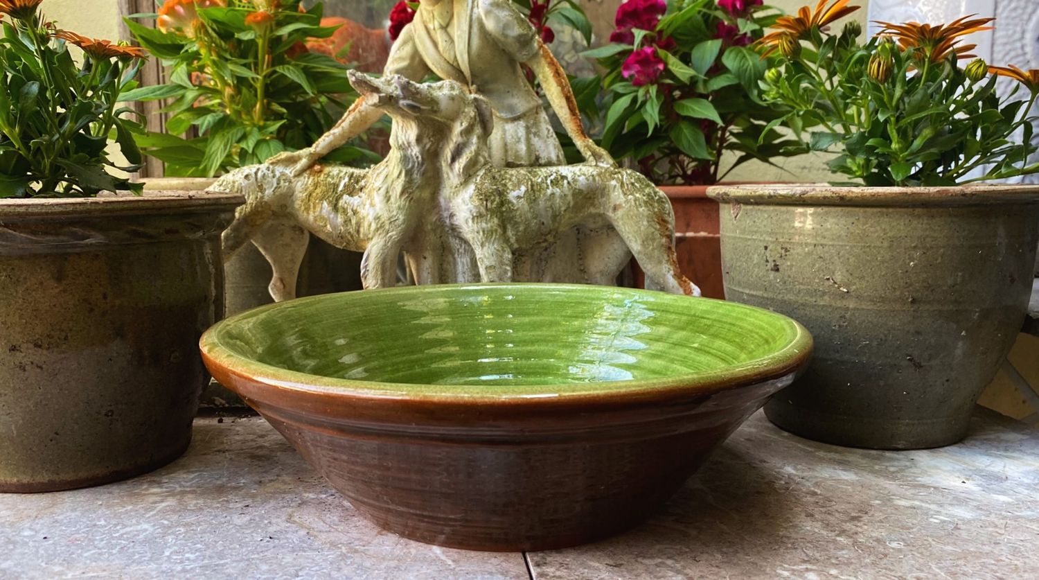 Antieke bruine gresale confit schaal met groen glazuur binnenin – ca. eind 19de eeuw