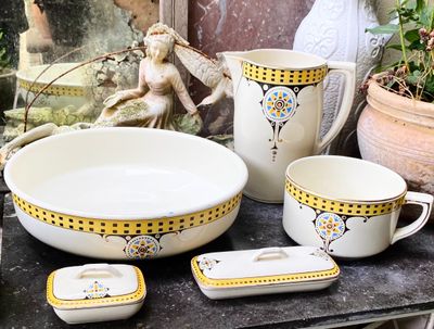 Zeldzaam Art Deco lampetstel Boch Frères, compleet met stilistisch polychroom decor  – La Louvière, ca. 1932