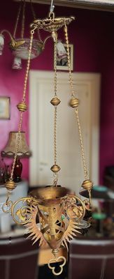 Antiek bronzen kerkelijk hanglicht met sacrale symboliek – ca. 1900–1930