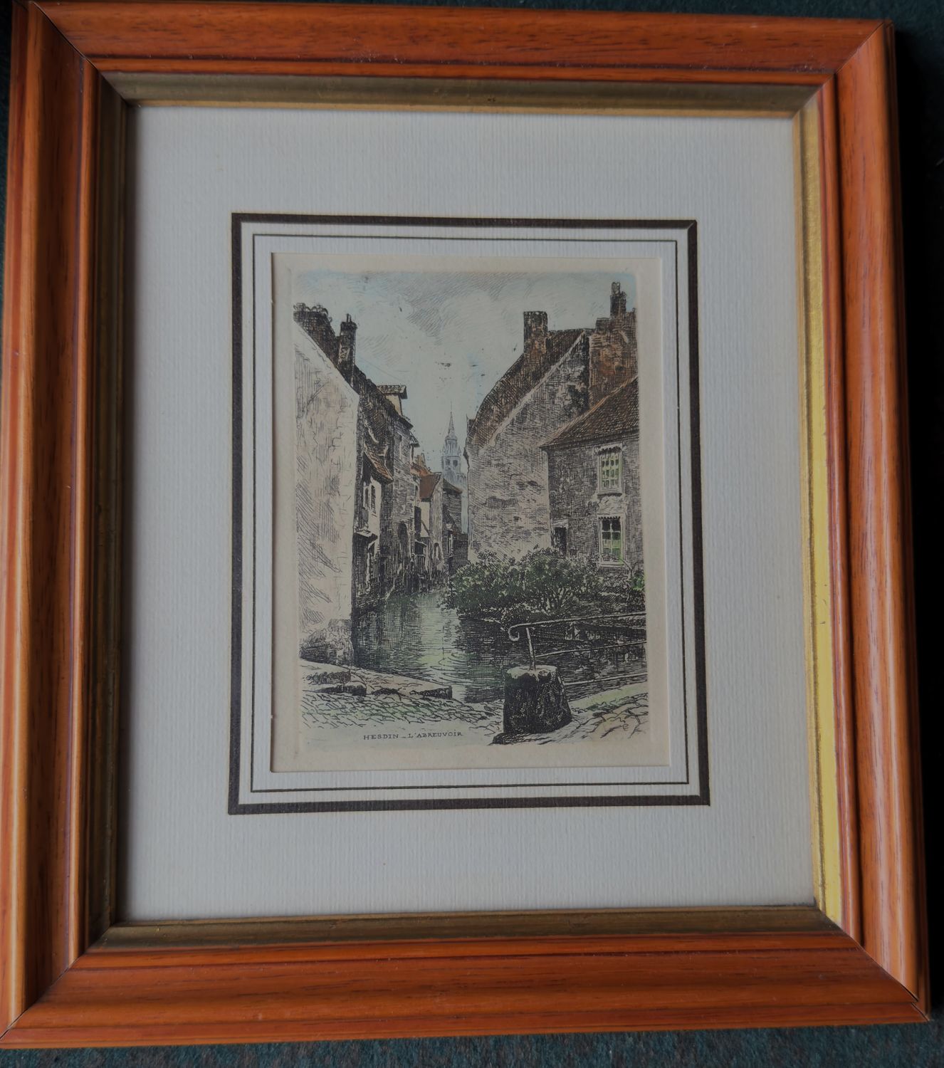 Authentieke taille‑douce kopergravure “Hesdin – L’Abreuvoir” van Léopold Robin (ca. 1930–1950)