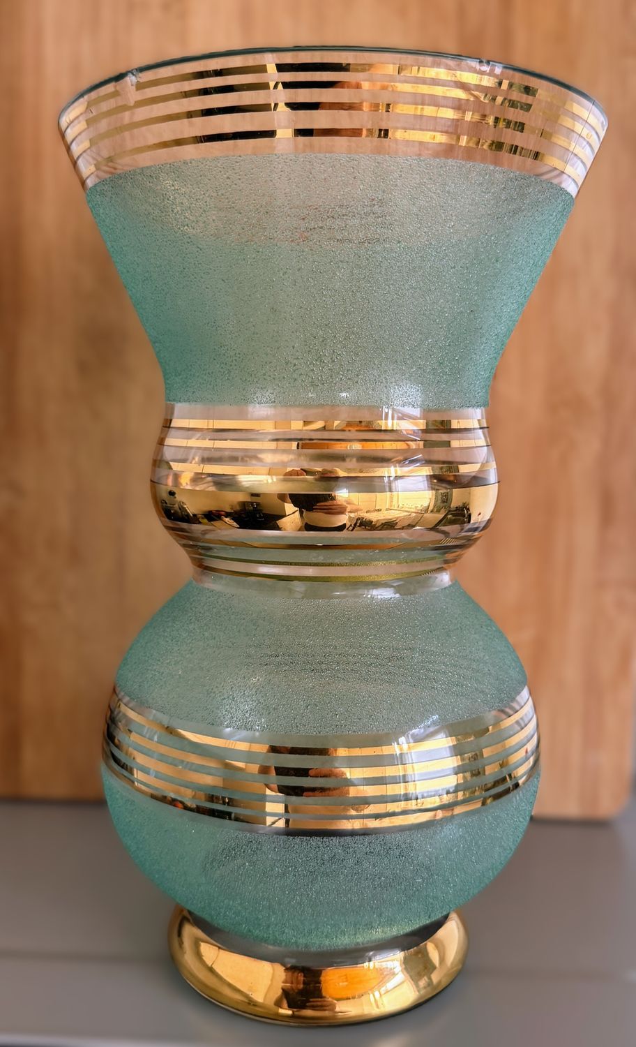 Turquoise-groene Booms "suikerglazen" vaas met vergulde banden – ca. 1950