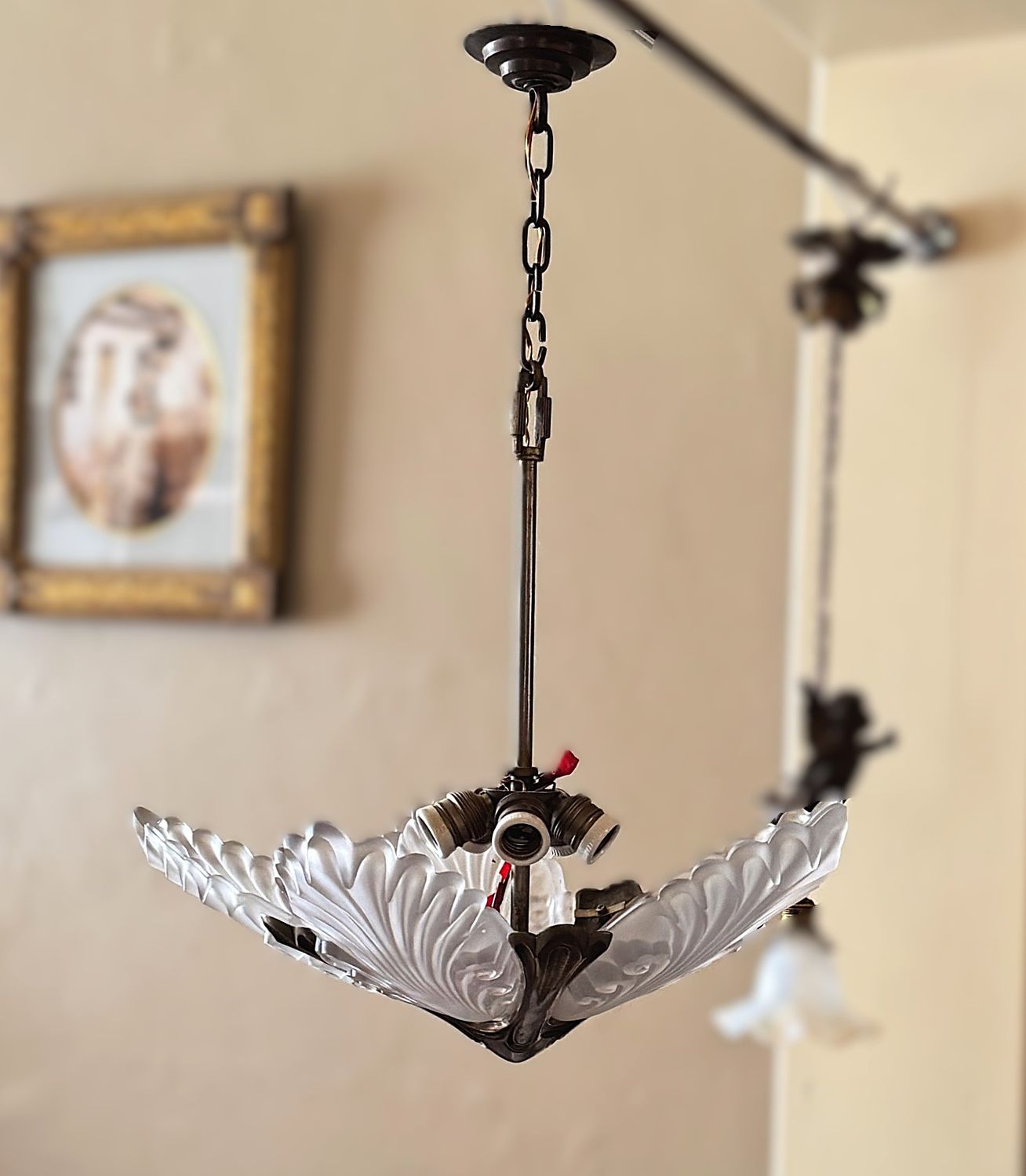 Exclusieve Franse Art Deco Kroonluchter – 5 Gesatineerde Schalen 1930