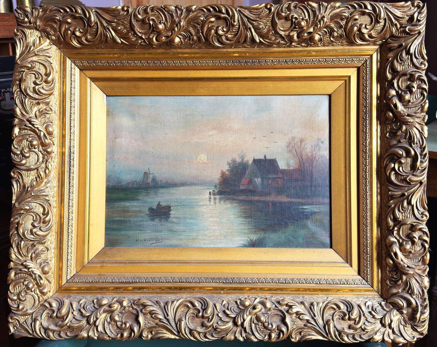 Olieverfschilderij – Rivierlandschap bij avondlicht door N. Dingemans – ca. 1900 Olieverfschilderij – Rivierlandschap bij avondlicht door N. Dingemans – ca. 1900