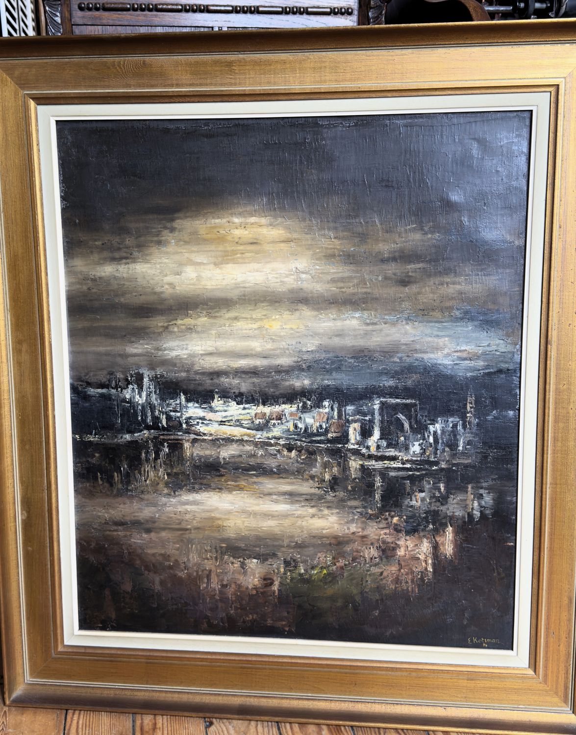 Olieverfschilderij van E. Ketsman – Expressionistisch Stadsgezicht met Impasto (1974) Olieverfschilderij van E. Ketsman – Expressionistisch Stadsgezicht met Impasto (1974)