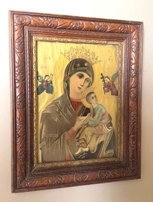 Byzantijnse Religieuze Icoon 'Onze-Lieve-Vrouw van Altijddurende Bijstand' – ca. 1950 Byzantijnse Religieuze Icoon 'Onze-Lieve-Vrouw van Altijddurende Bijstand' – ca. 1950
