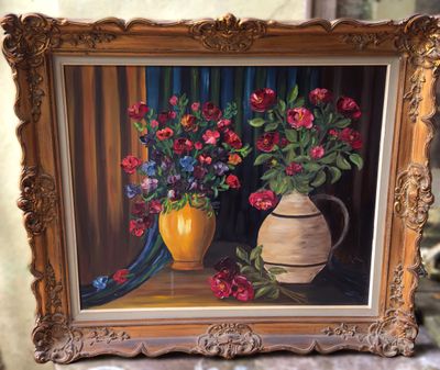 Expressief Dubbel Bloemstilleven van M. Levis in Baroklijst (ca. 1950) Expressief Dubbel Bloemstilleven van M. Levis in Baroklijst (ca. 1950)