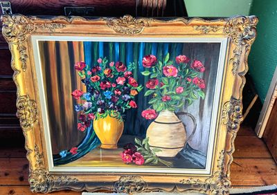 Expressief Dubbel Bloemstilleven van M. Levis in Baroklijst (ca. 1950)