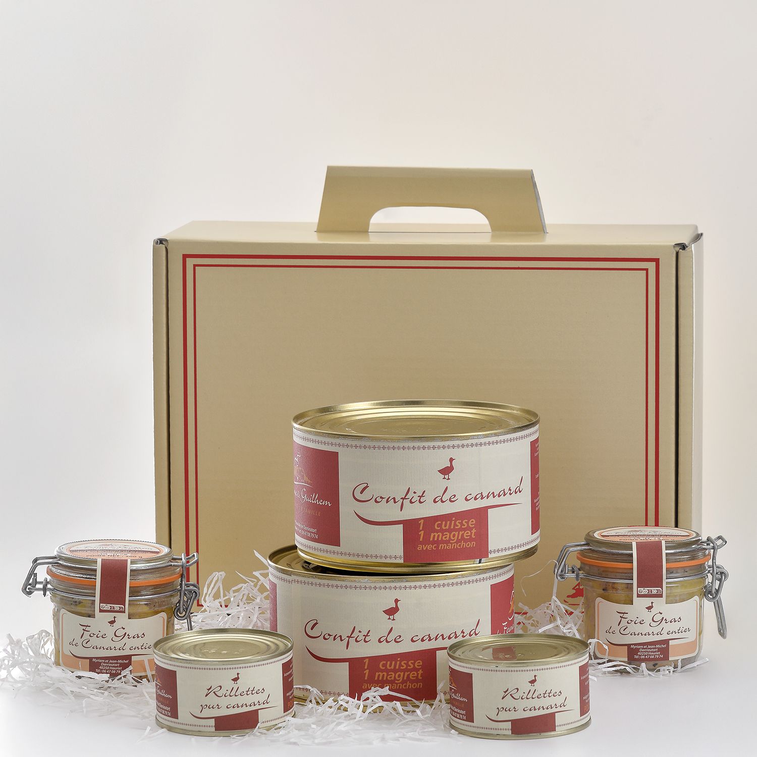 Coffret Tradition : 2 bocaux 200g foie gras de canard entier,2 boîtes 1000g confit de canard, 2 boites rillettes canard
