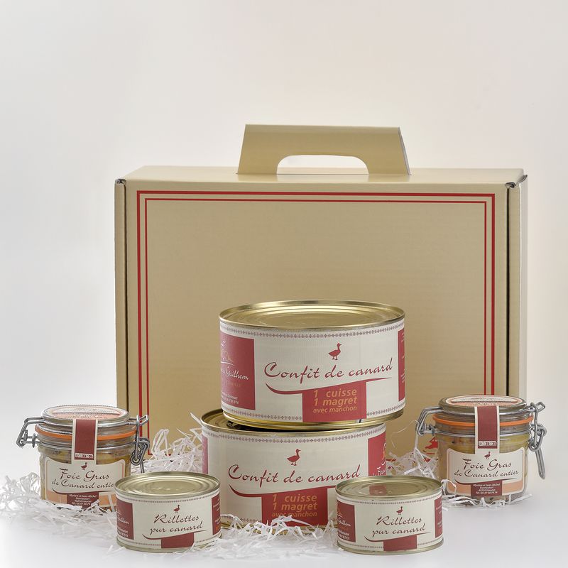 Coffret Tradition : 2 bocaux 200g foie gras de canard entier,2 boîtes 1000g confit de canard, 2 boites rillettes canard
