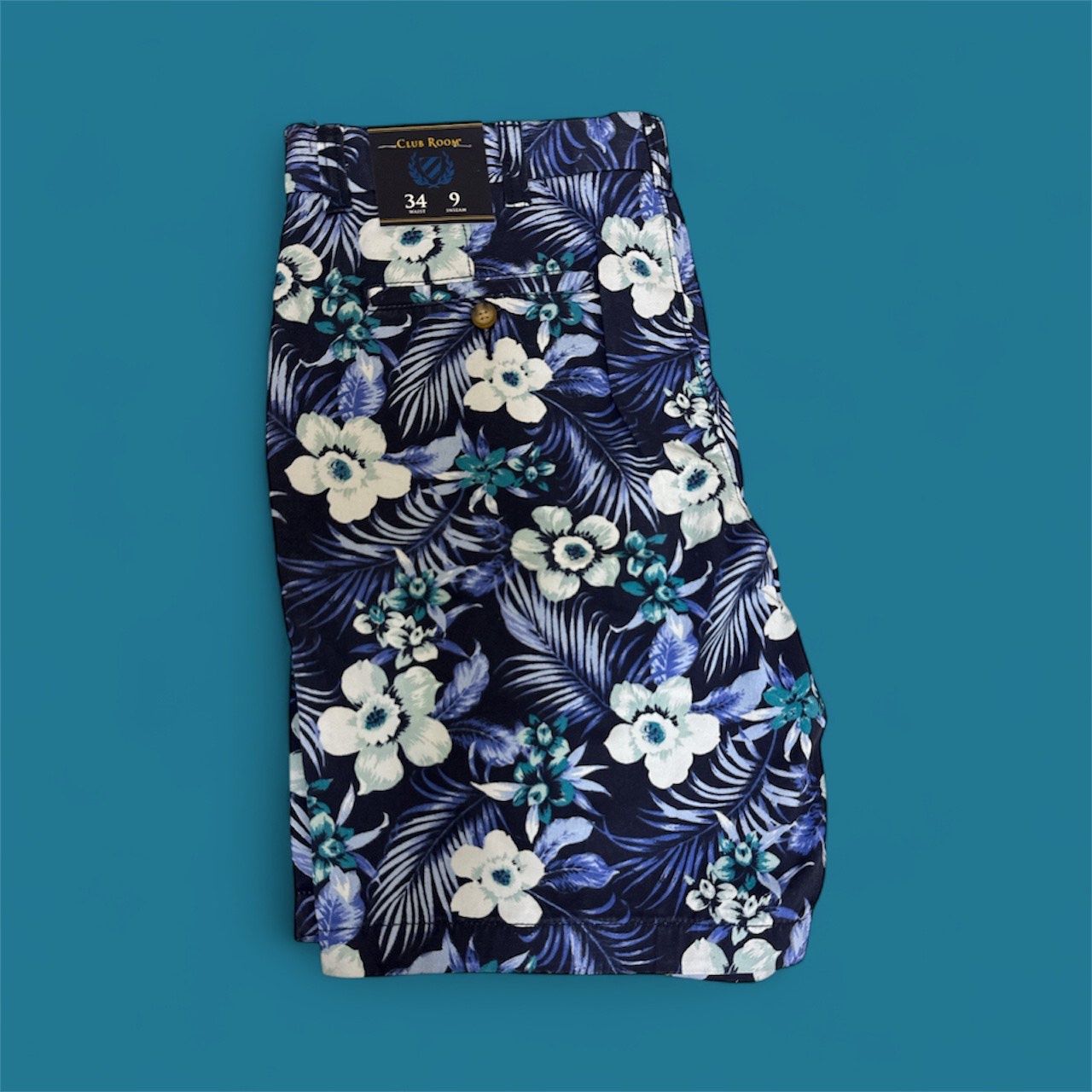 CLUB ROOM SHORT, Colour: BLUE WHITE GREEN FLORAL, Size: 34