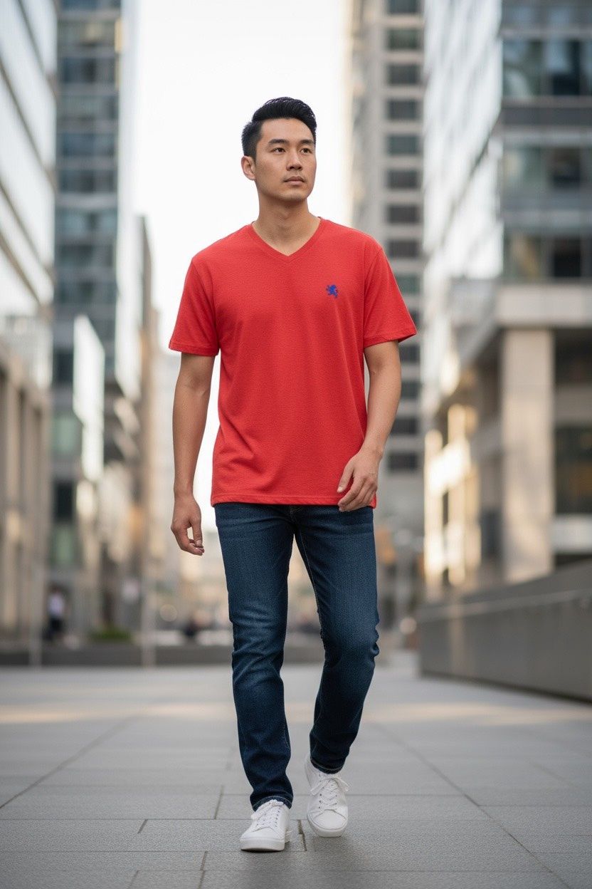 OLD LOGO EXPRESS V-NECK TEES, Colour: RED, Size: S
