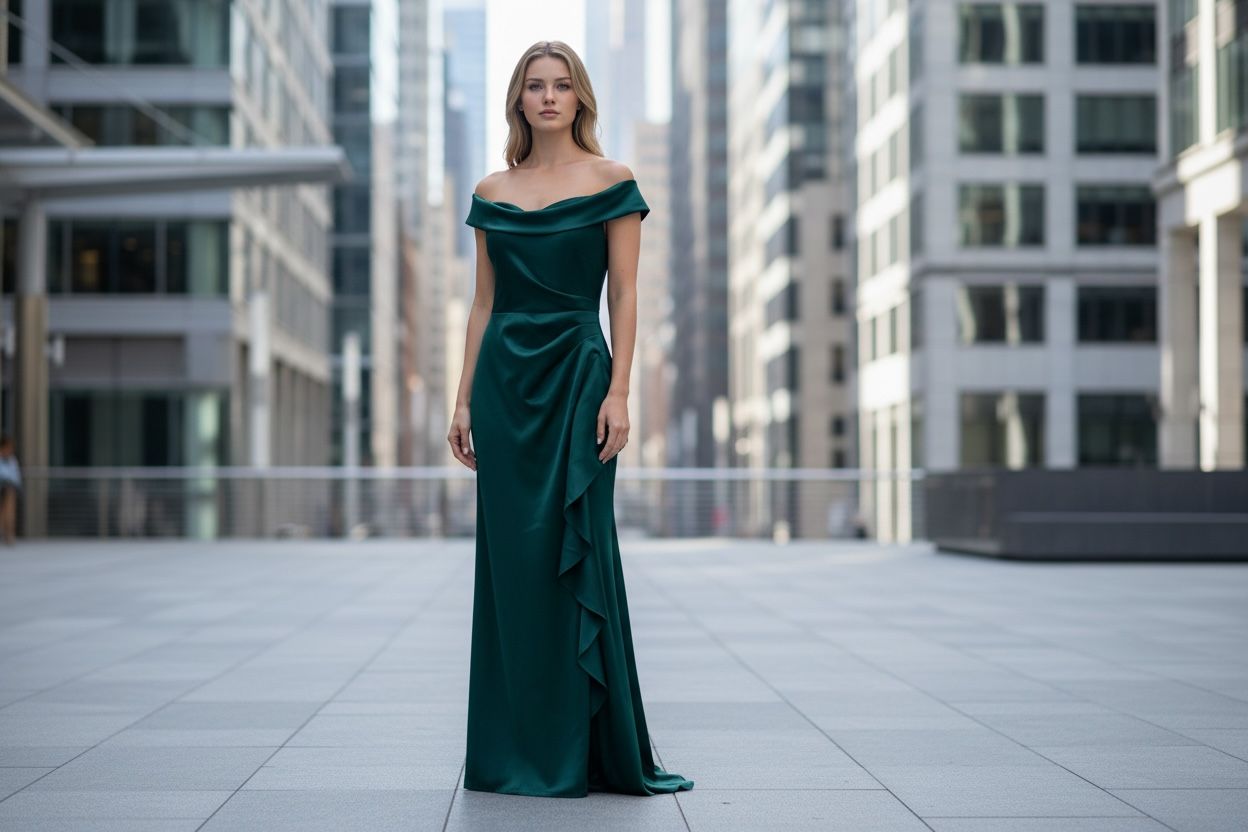 XSCAPE Scuba Off-The-Shoulder Gown : green