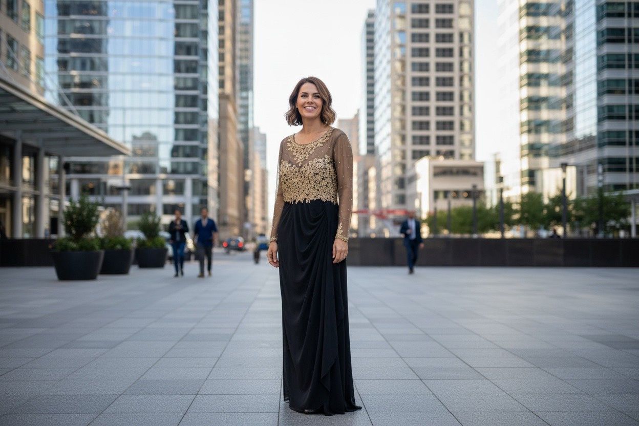 XSCAPE NAVY GOLD GOWN DRESS