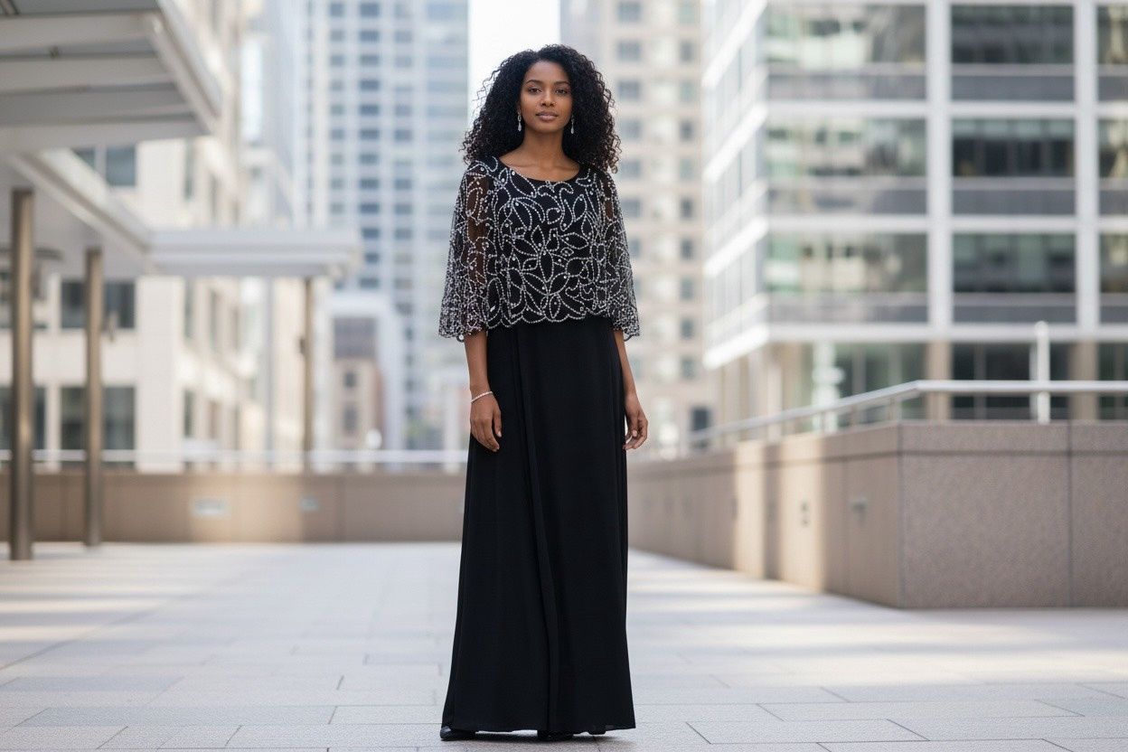 MSK BEADED CAPE GOWN, Colour: BLACK / SILVER, Size: PS