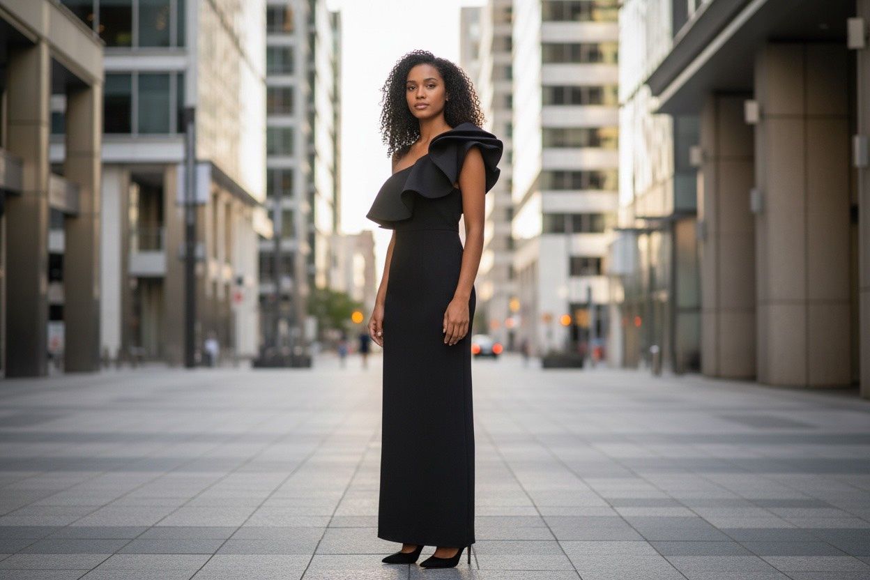 BETSY &amp; ADAM LNG SCUBA 1 SHLDR GOWN