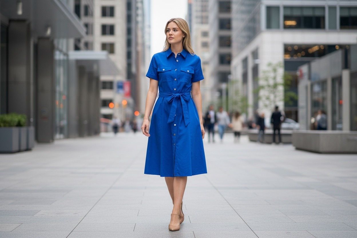 DKNY Short Sleeve Collar Neck Shirtdress Royal Blue, Colour: ROYAL BLUE, Size: 4 P