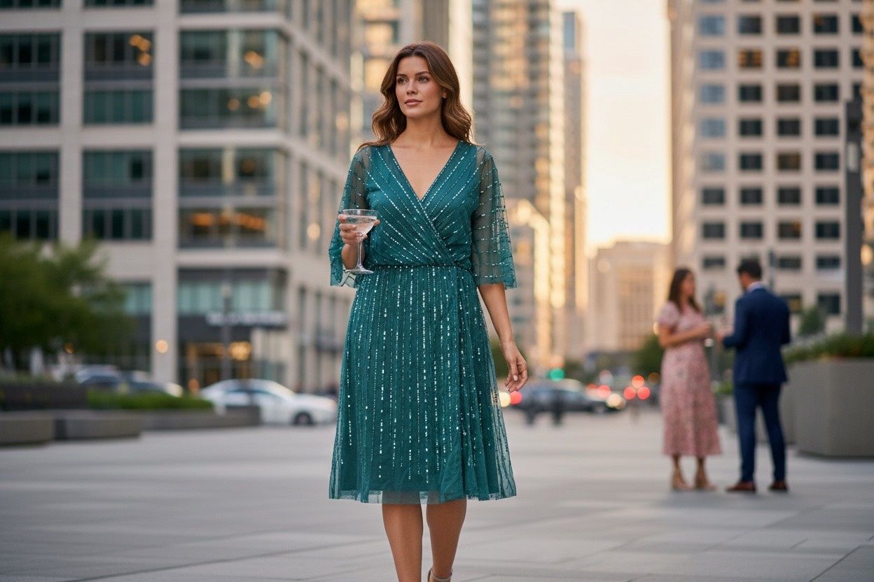 ADRIANNA PAPELL BEADED FLUTTER-SLEEVE A-LINE DRESS