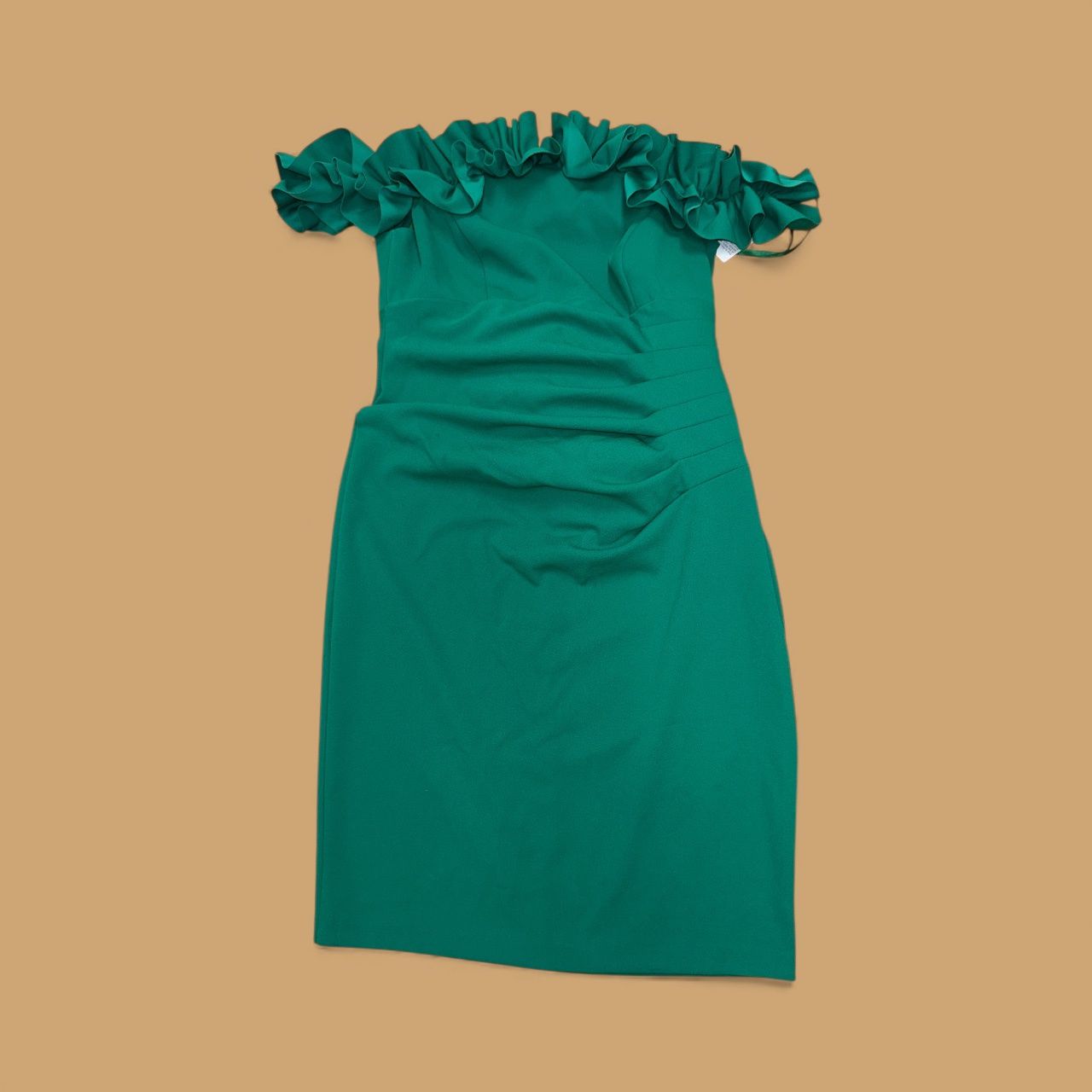 XSCAPE SCUBA CREPE OFF THE SHOULDER RUFFLE STRIM DRESS