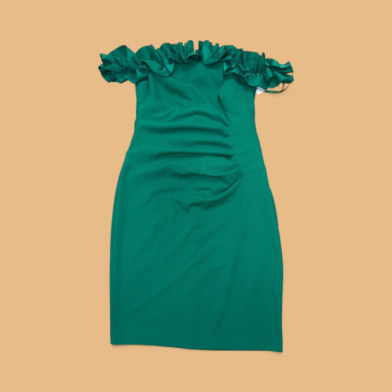 XSCAPE SCUBA CREPE OFF THE SHOULDER RUFFLE STRIM DRESS