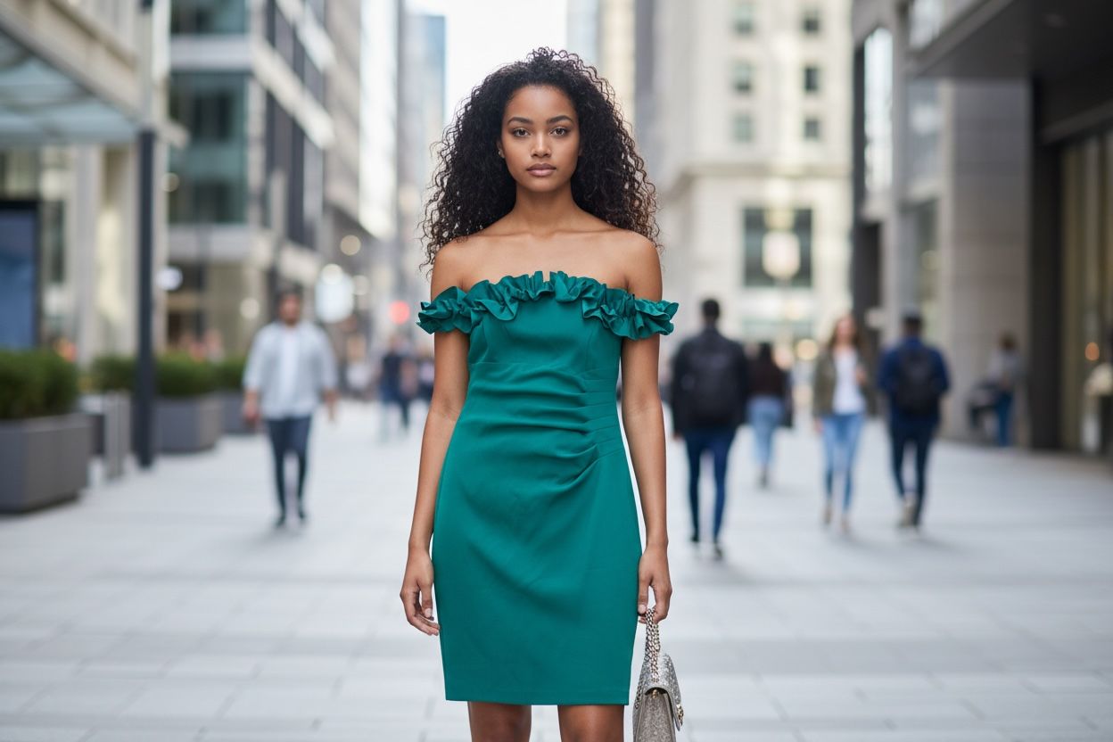 XSCAPE SCUBA CREPE OFF THE SHOULDER RUFFLE STRIM DRESS, Colour: GREEN, Size: 10 P