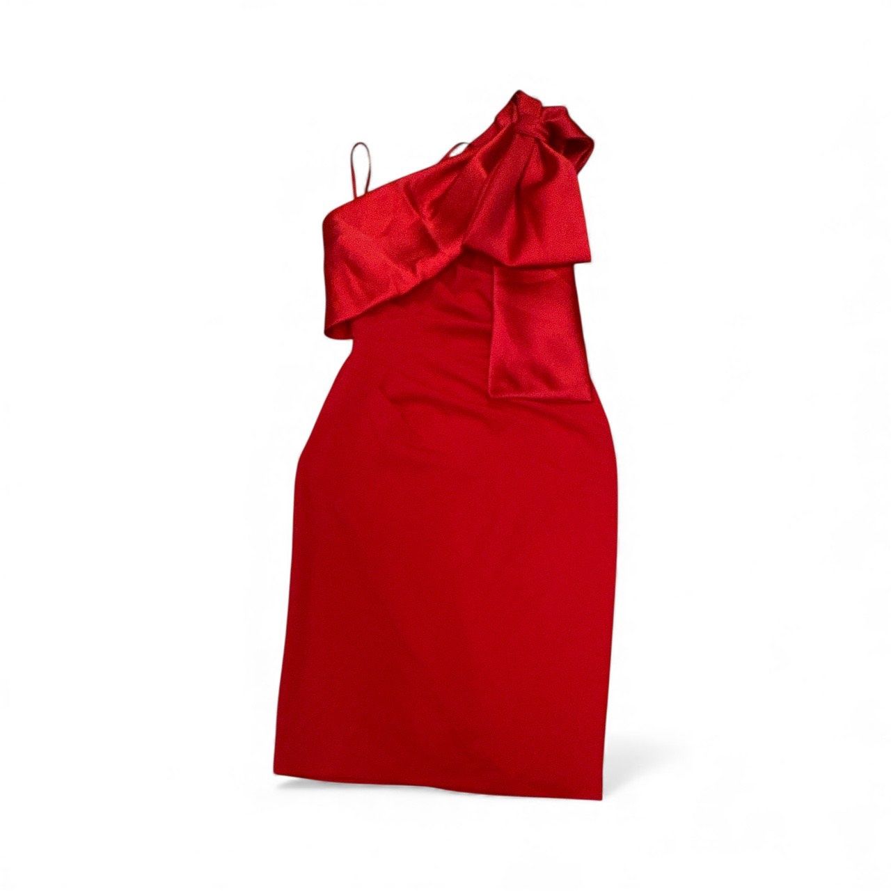 BETSY &amp; ADAM BOW TRIM ONE SHOULDER DRESS