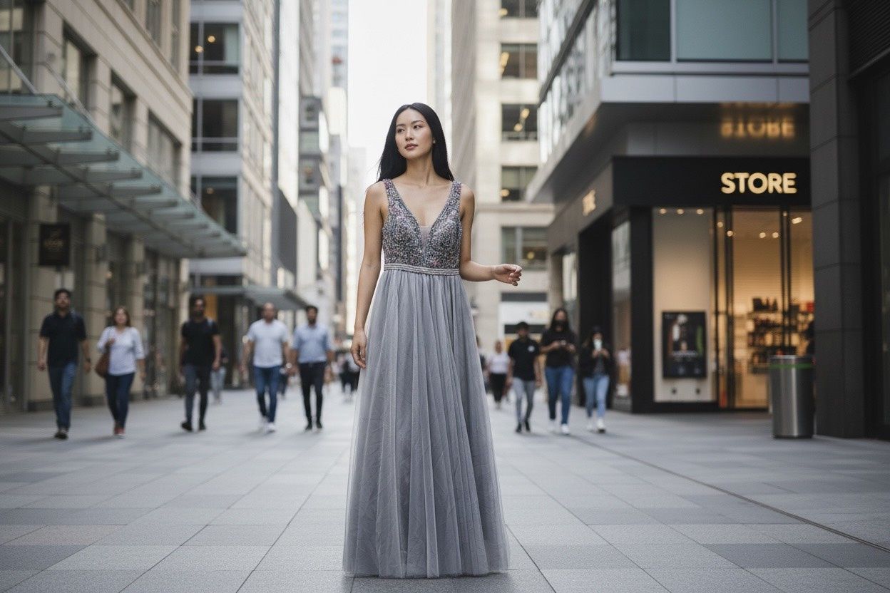 ADRIANNA PAPELL BEAD LONG DRESS WITH GODETS