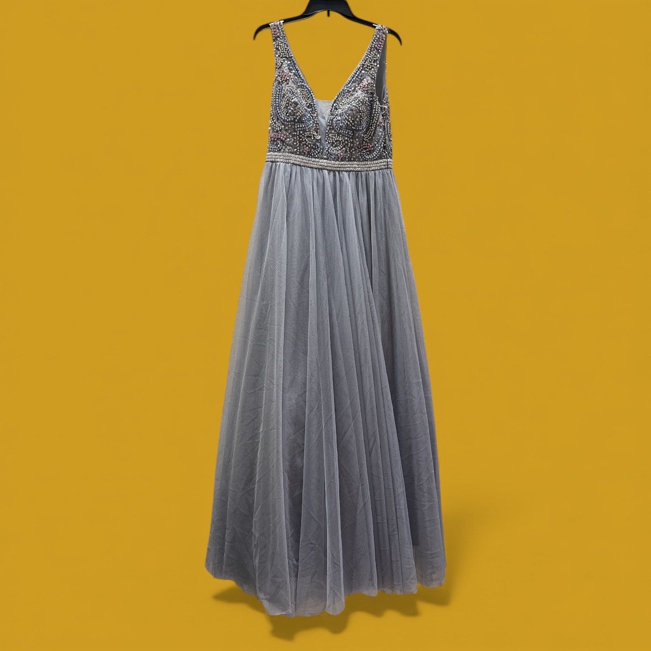 ADRIANNA PAPELL BEAD LONG DRESS WITH GODETS