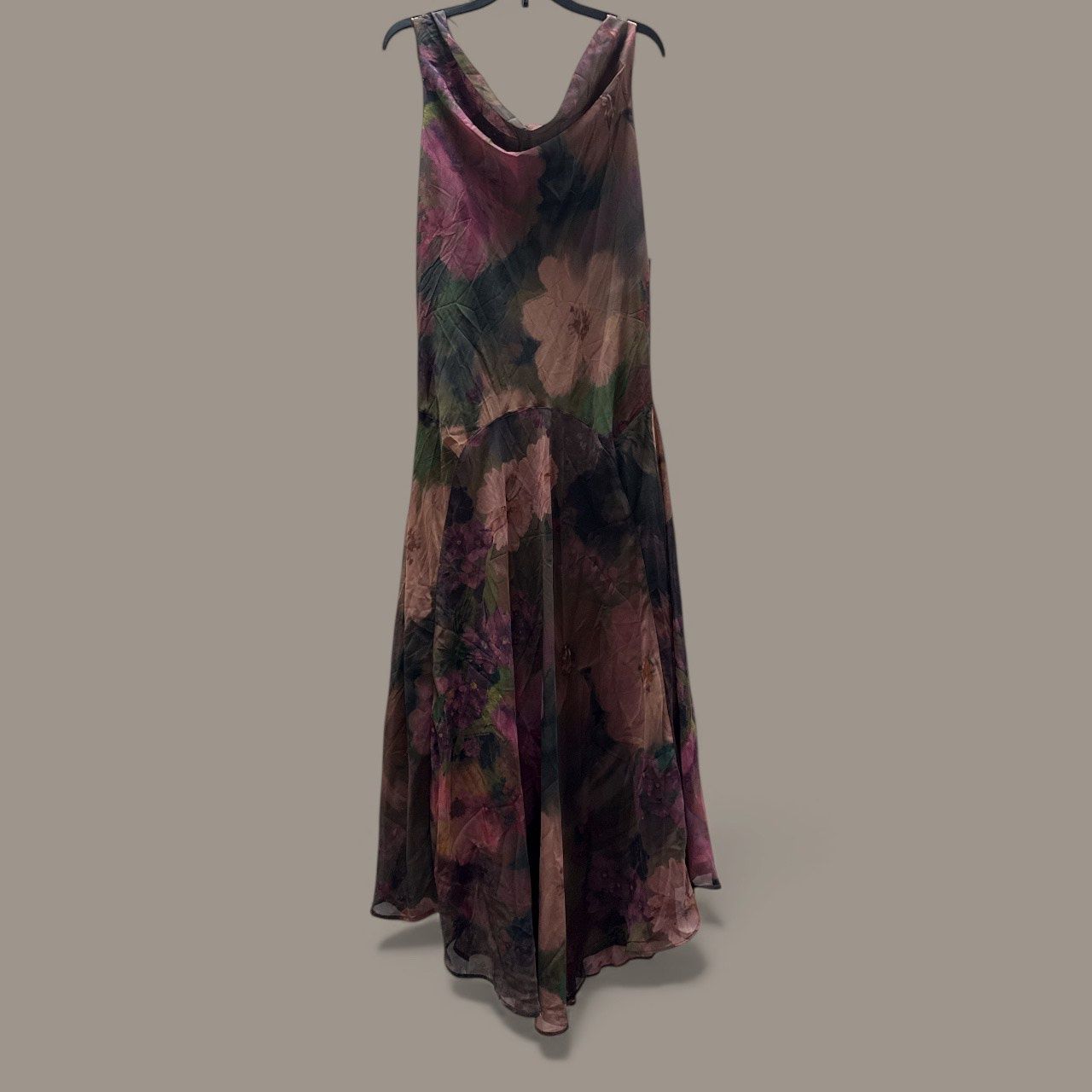 ROBBIE BEE PETITE PRINTED COWLNECK HIGH LOW MIDI DRESS