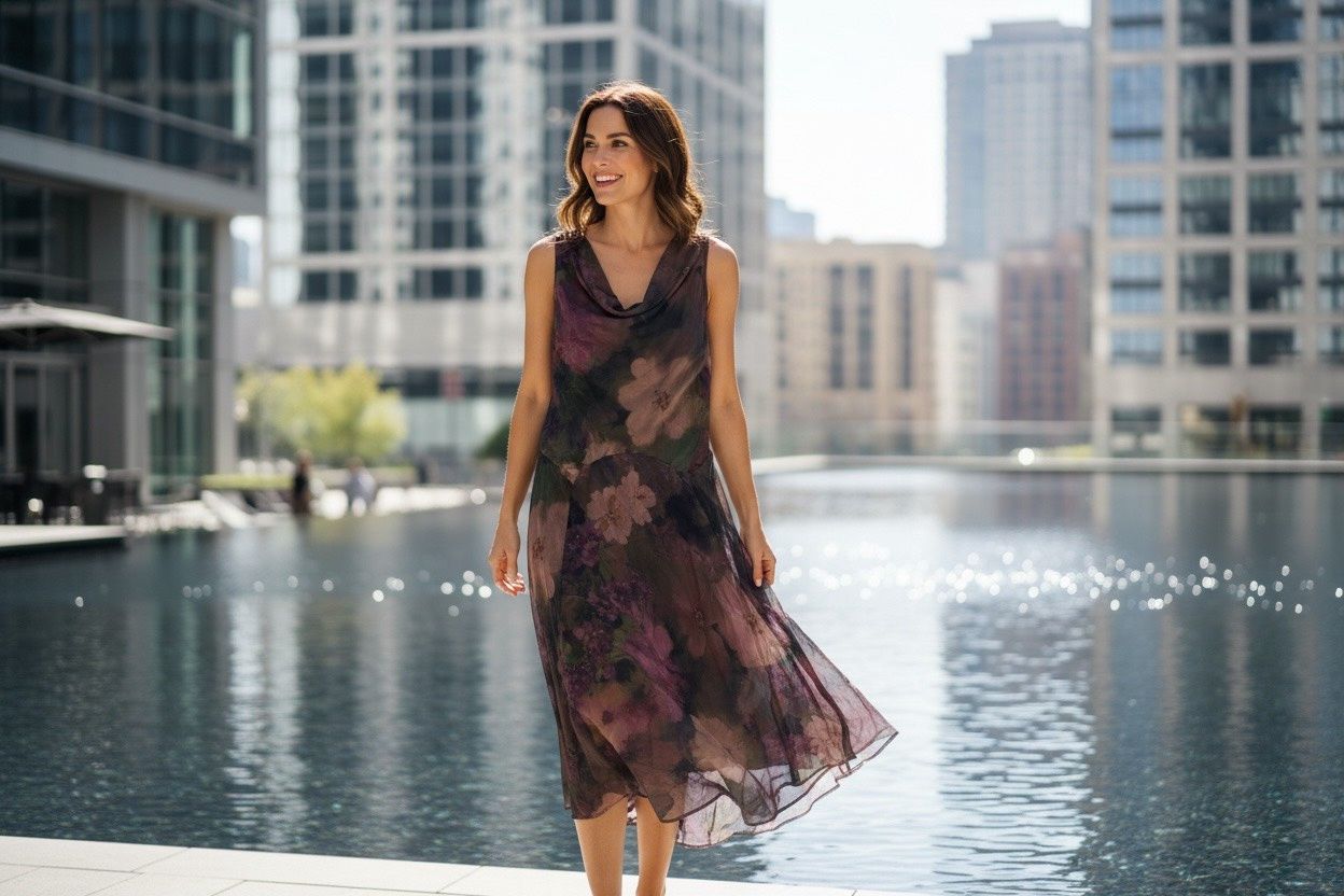 ROBBIE BEE PETITE PRINTED COWLNECK HIGH LOW MIDI DRESS