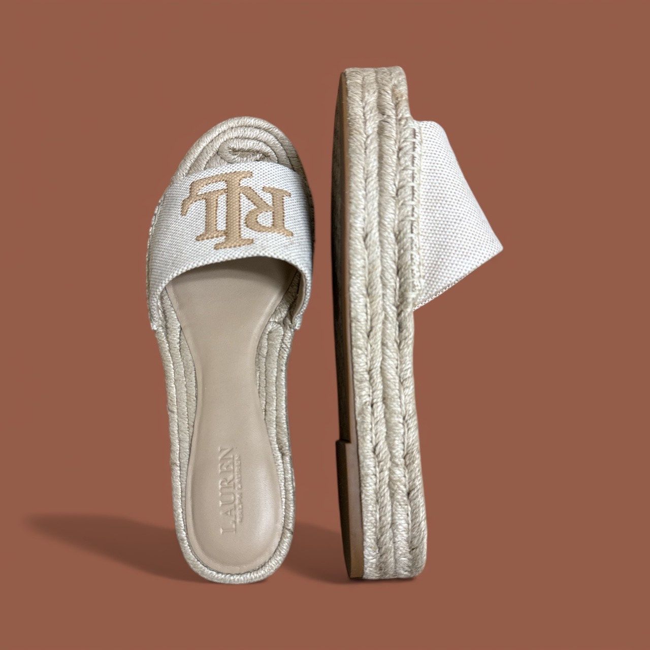 RALPH LAUREN POLLY ESPADRILLE SLIDES, Colour: NATURAL / BUFF, Size: 7.5 B