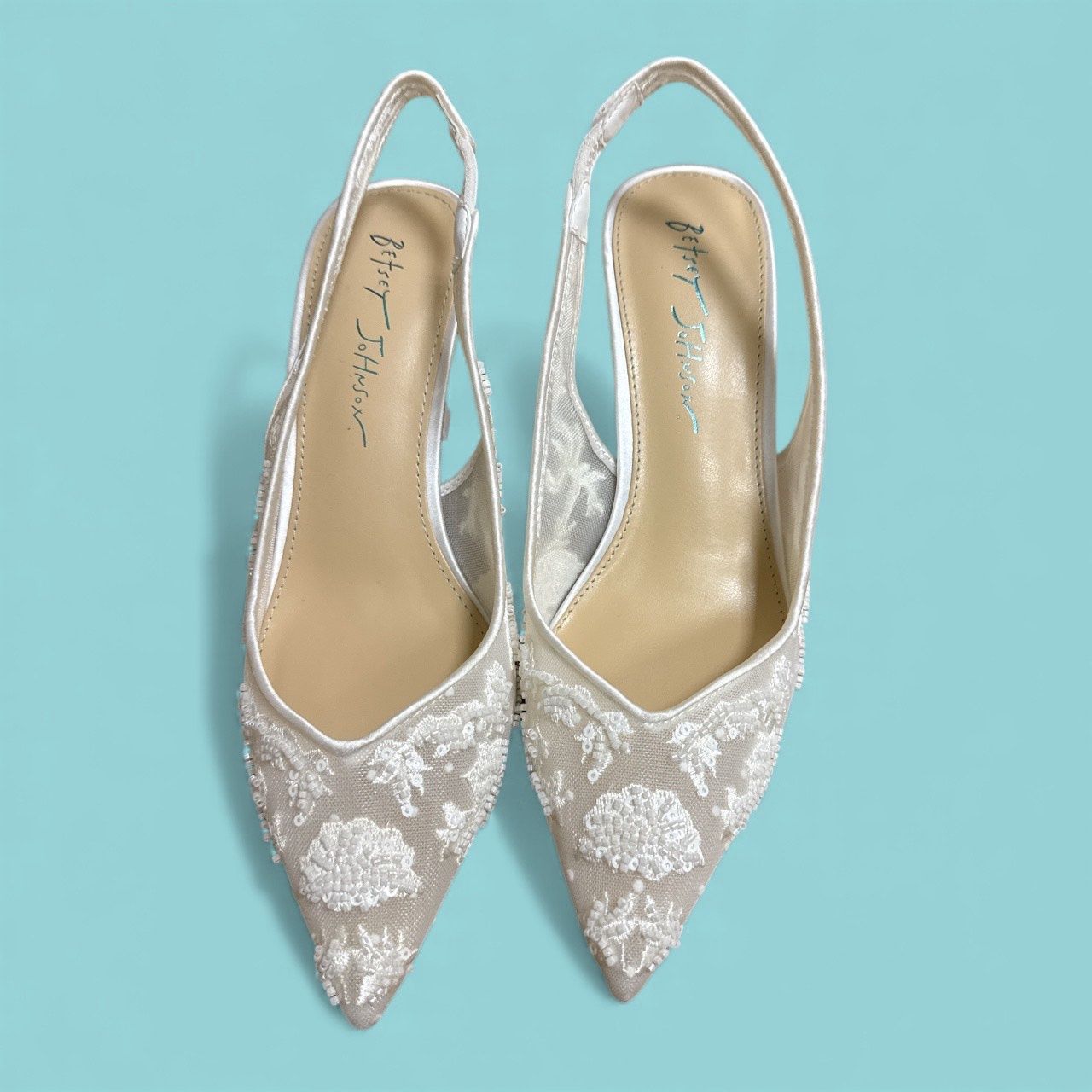 BETSEY JOHNSON NIKKI EMBROIDERED SLINGBACK EVENING PUMPS