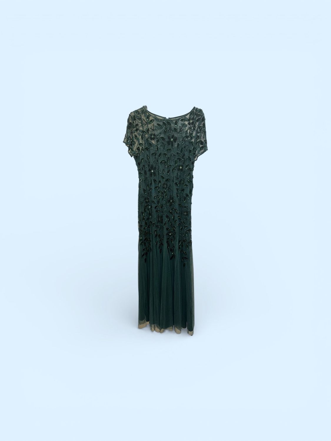 ADRIANNA PAPELL BEADED LONG DRESS WITH GADETS, Colour: DUSTY EMERALD, Size: US 14