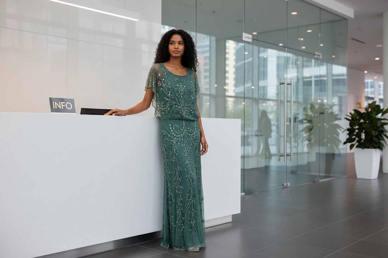 ADRIANNA PAPELL BEAED BLOUSON LONG DRESS, Colour: GREEN, Size: US 12