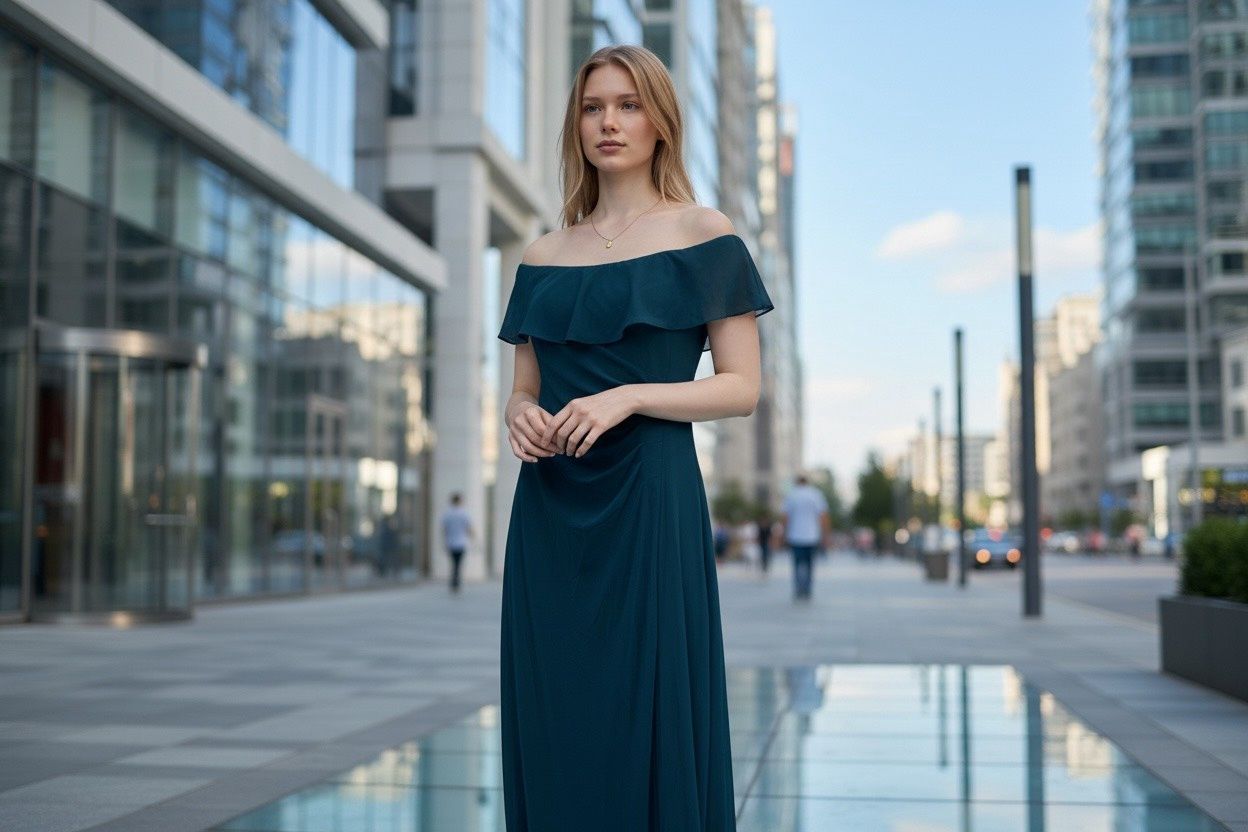 XSCAPE RUFFLED OFF THE SHOULDER GOWN