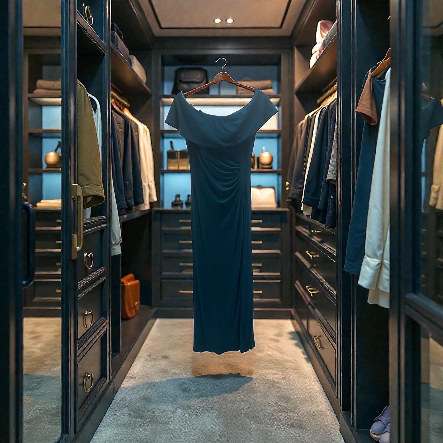 XSCAPE RUFFLED OFF THE SHOULDER GOWN