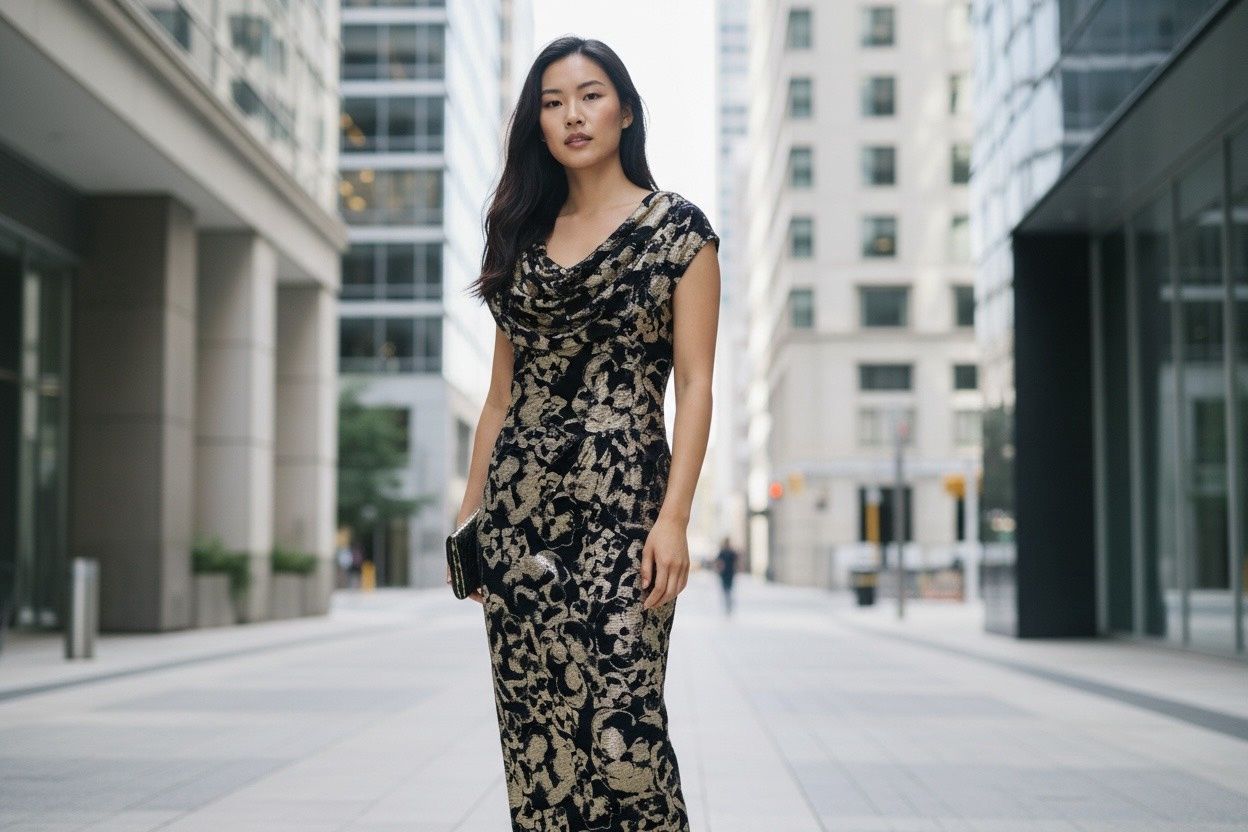 BETSY &amp; ADAM SLEEVELESS COWL NECK FLORAL PRINT DRESS